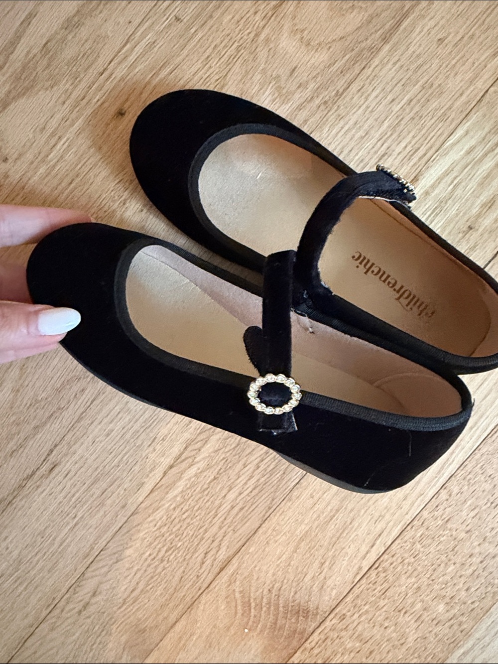 Black Velvet Mary Jane Dress Shoes for Kids with Crystal Buckle